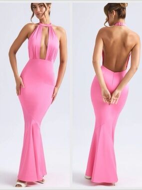 Oh Polly Pink Plunging Halter Neck Satin Maxi Gown New with Tags size 10